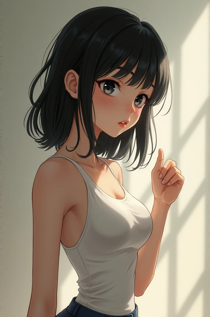 Japanese women、50 years old、Brown hair short cut、See-throughＴshirt、Small breasts、White panties、Suck your finger