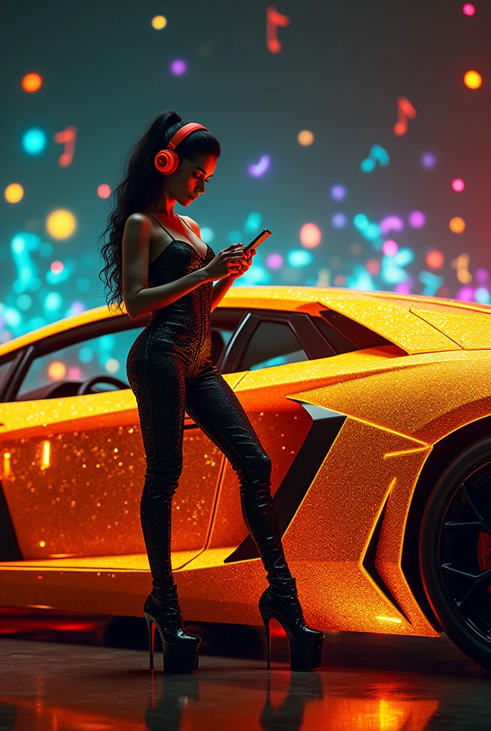 In the foreground is a beautiful young girl with long hair., wearing large stylish headphones. She looks confident and immersed in the music. There is a sports car in the background, shrouded in colorful smoke, creating a vibrant and dynamic atmosphere.

Details for creating a picture:

Main object:

beautiful young girl in bikini,in sunglasses.
long hair.
Large stylish headphones.
the background:

sports car (Sports car).
colorful smoke, surrounding car.
Style and mood:

Modern and dynamic style.
Bright and rich colors for smoke.
An atmosphere of energy and movement.
Technical specifications:

a high resolution.
Realistic or semi-realistic stylization.
Well-detailed details of headphones and car.
Dramatic lighting to create striking contrasts and highlight key elements