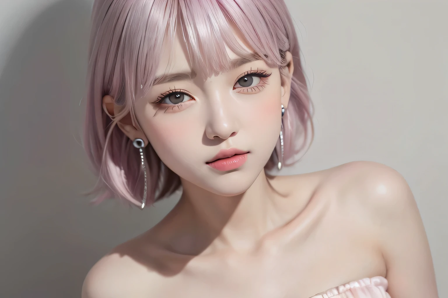 (masterpiece:1.3), (High resolution:1.1), Detailed beautiful face, Detailed beautiful, (huge breasts, gigantic breasts:1.4 araffe with pink hair and a white bra is posing in a white bikini, japanese goddess, oppai, sfw huge breasts, seductive girl, big breasts, anime girl in real life, oppai proportions, big breasts!, biomechanical oppai, giant stunning goddess shot, big breasts!!, realistic young gravure idol, trending at , korean girl, Korean sexy