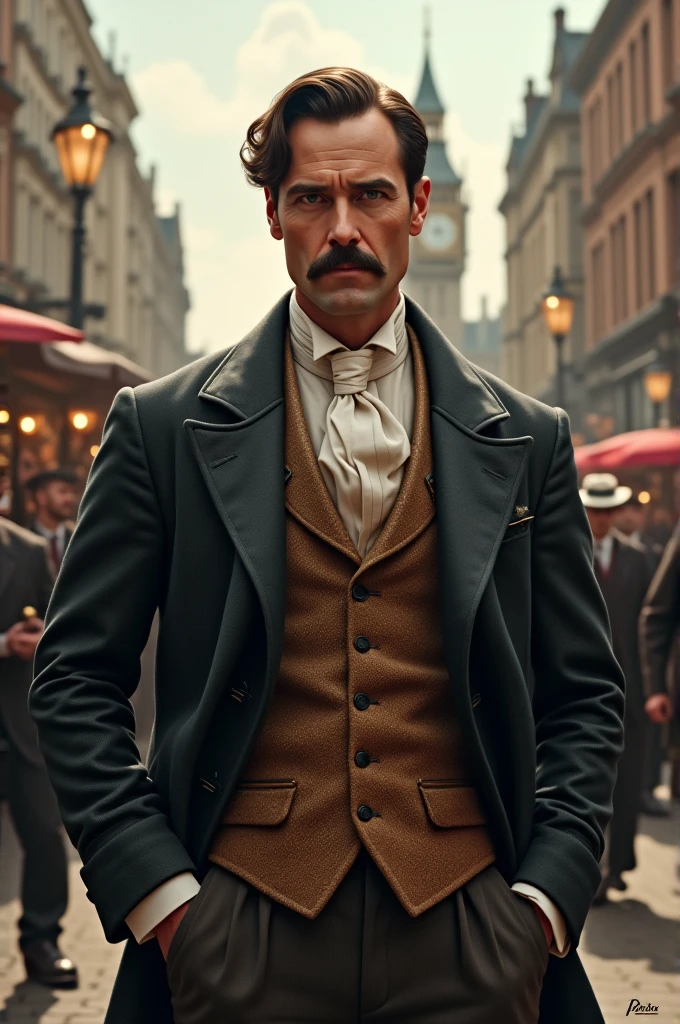 A photo of Jervis standing on a street corner, holding a large pocket watch and staring intensely at a passerby.,Batman: The Animated Series,Jervis is tall, wears a tweed suit and top hat, shoulder length curly brown hair and neat goatee. Famously portrayed by Benedict Samuel