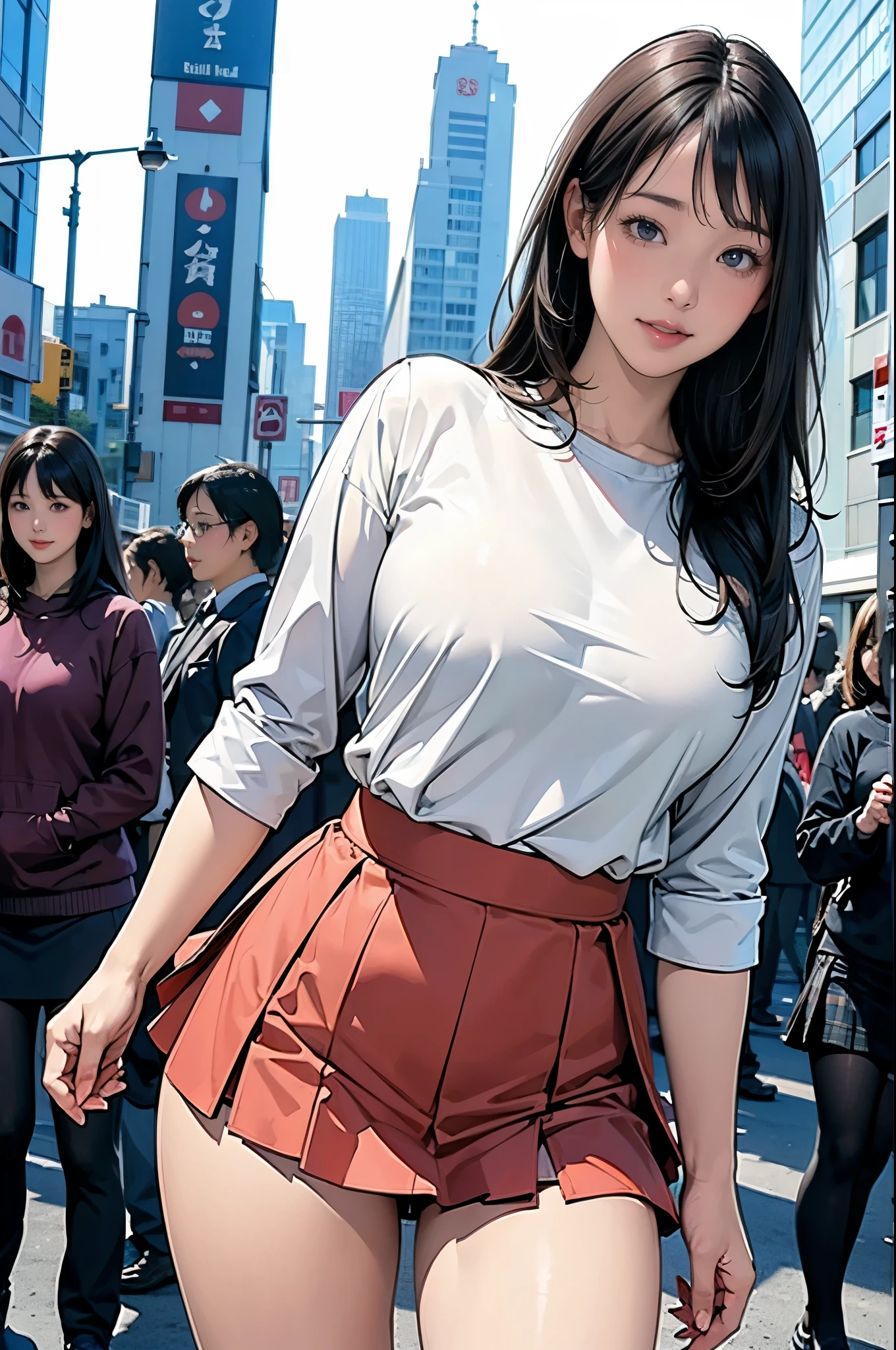 8k wallpaper, Highest quality, Very detailed, masterpiece, Realistic, ((Sharp focus:1.5)), 1 Cute girl in Japan, 20-year-old, ((Face Focus)), ((Plump body type)), Large Breasts, (((Roll up the skirt yourself))), (I lifted it myself), panties, panties focus, blush, Lips parted, View your viewers, Half Body Shot, (crowd), (crowded city), long, straight black hair, A kind smile,