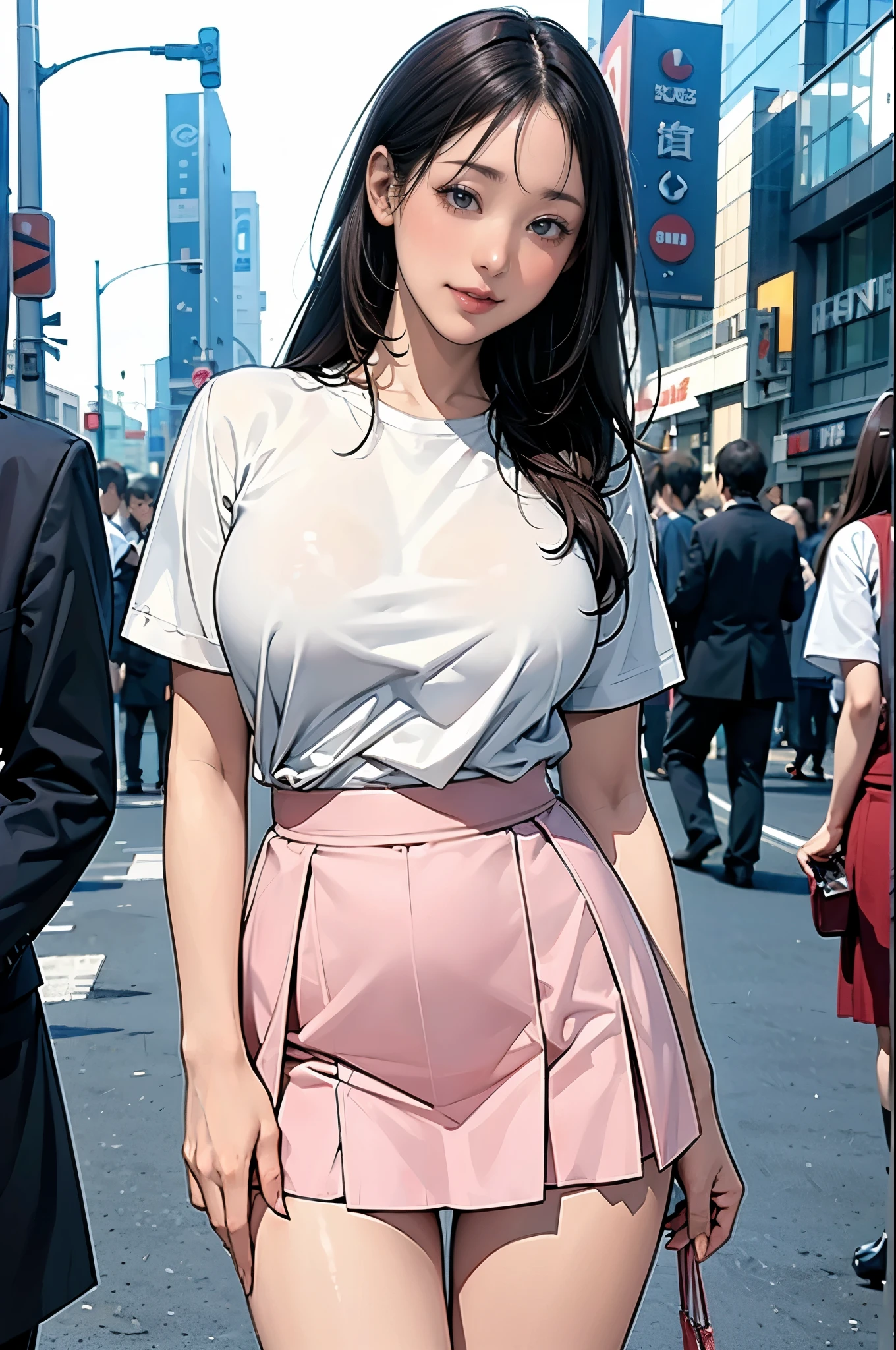 8k wallpaper, Highest quality, Very detailed, masterpiece, Realistic, ((Sharp focus:1.5)), 1 Cute girl in Japan, 20-year-old, ((Face Focus)), ((Plump body type)), Large Breasts, (((Roll up the skirt yourself))), (I lifted it myself), panties, panties focus, blush, Lips parted, View your viewers, Half Body Shot, (crowd), (crowded city), long, straight black hair, A kind smile,