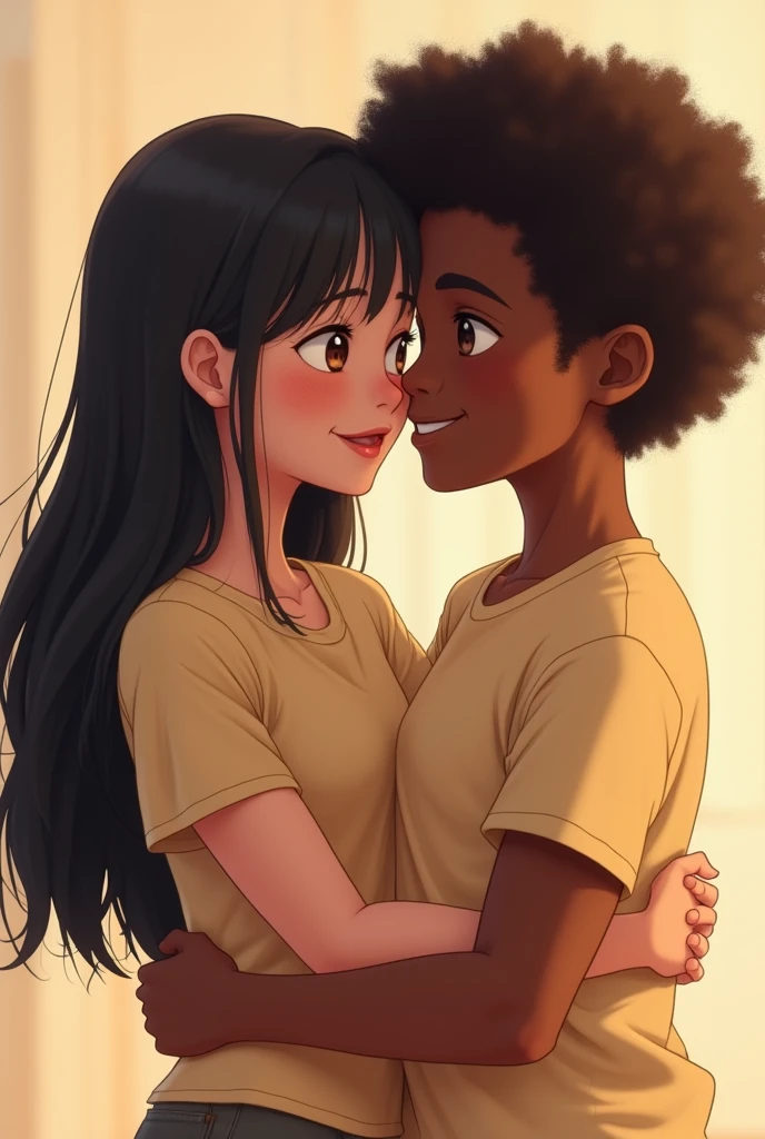 Create a thin white woman with long black hair wearing glasses without clothes and having sex in doggy style with a brown man with curly hair and a huge penis who puts his big, thick penis in her small vagina Anime version