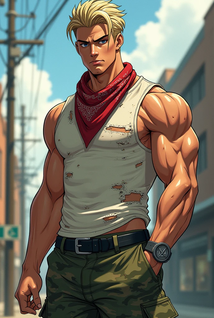 1man, hero in fighting game, middle muscular, very short hair, blond, masculine, handsome, brown eyes, BREAK solo, abs, >:>, smug, thick abs, cool emotion, BREKK backwards hat, open shirt, cropped shirt, red collared shirt, sleeveless shirt, brown plaid shirt, blue baseball cap, jeans, red wristbands, BREAK upperlegs, dynamic expression, game keyvisual, 1990s, in capcom art style, in color comic style, BREAK depth of field, dutch angle, cinematic shadows, cinematic lighting, texture, absurdres absolutely resolution, extreme all detailed, greatest painting, BREAK masterpiece, best quality