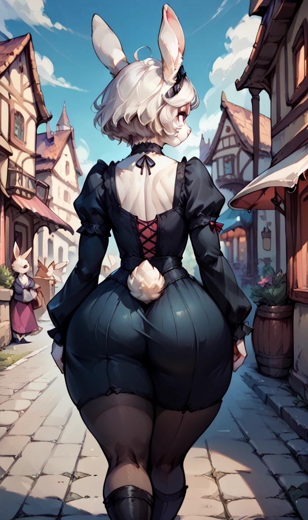 anthropomorphic rabbit woman, short fluffy white hair, white rabbit, small breasts, attractive, (gothic clothes), shapely body, rabbit tail, large thighs, large, she is walking through the winding streets of a medieval town, from behind, (back view)