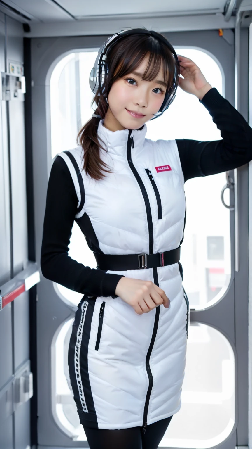 (Best Quality), (masterpiece), 1080P, High resolution, 4K, 8k, Inside the space station、Futuristic room、One Woman,20yo,astrovest,white shiny latex astrovest, black long sleeves,white down skirt,BREAK Shooting from directly below,Composition seen from below:3,BREAK Flip up the skirt、skirt rift up,Show your pants:5,、BREAK Smile、White diapers:3, sweat, Woman looking down,headphone,Braided Hair, Inner Color, Embarrassed face, Short black hair, smartwatch,, bedroom,