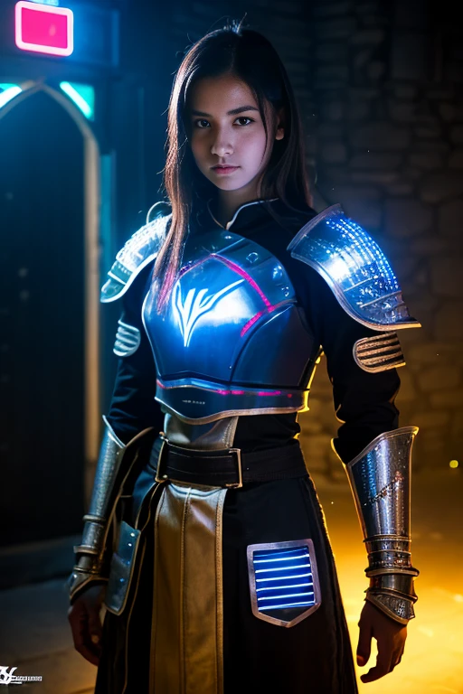 
A beautiful young woman, knight, armor without helmet, neon details, RGB lights on, robe, HUD visor on, / light sword, energy sword, ciberpunk details, control panel wrist, holographic badge, / medieval castle with graffiti, neon signs, / brave looking, tradicional warrior, technology anarchy, daylight 