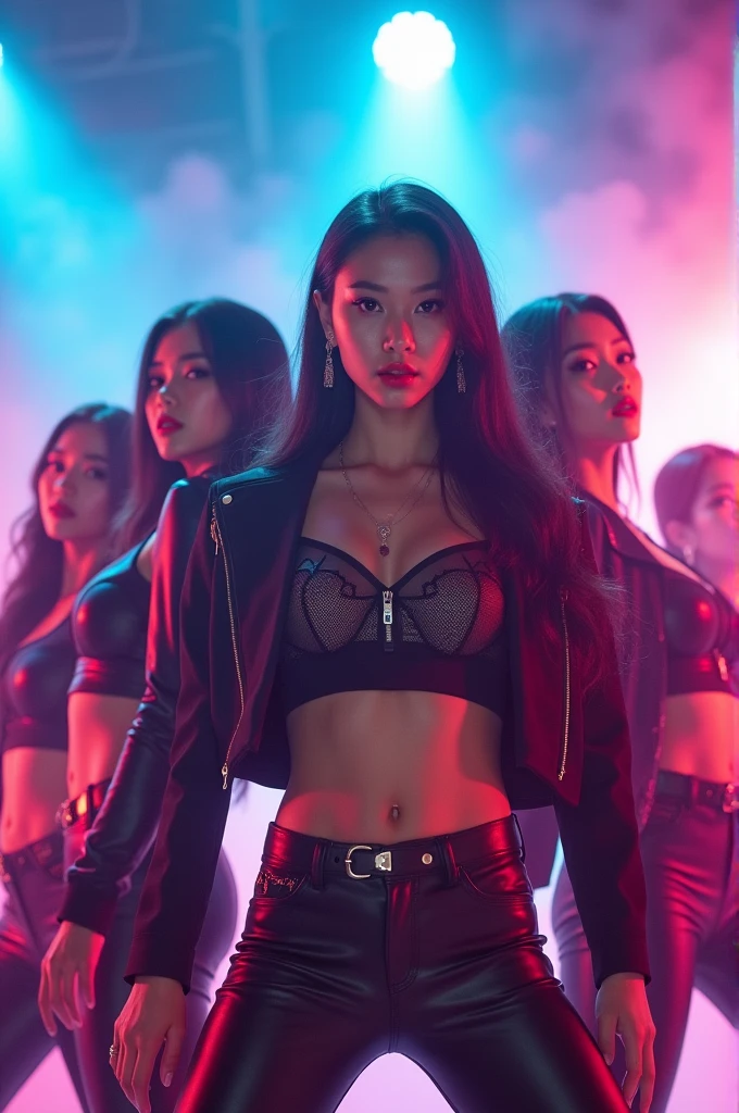 Girl group K-pop whith seven members one of the girls is black and an other clip with the black girl in center singing wearing black and violet clothes 