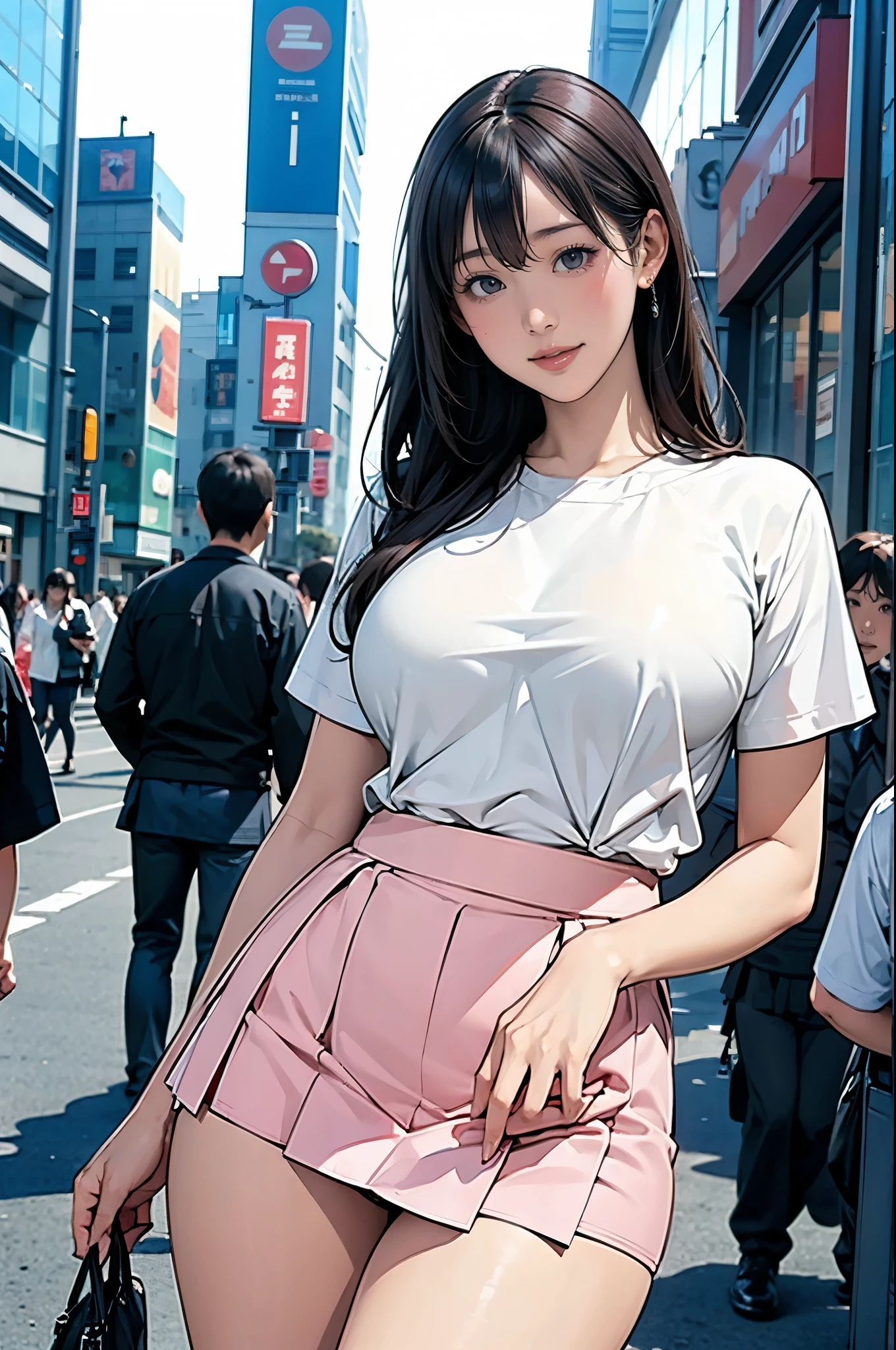 8k wallpaper, Highest quality, Very detailed, masterpiece, Realistic, ((Sharp focus:1.5)), 1 Cute girl in Japan, 20-year-old, ((Face Focus)), ((Plump body type)), Large Breasts, (((Roll up the skirt yourself:1.2))), (I lifted it myself:1.2), panties, panties focus, blush, Lips parted, View your viewers, Half Body Shot, (crowd), (crowded city), long, straight black hair, A kind smile,