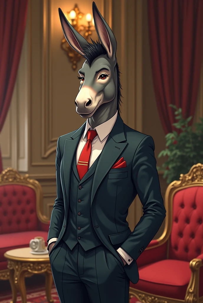 First work of anthropomorphic Donald Trump, best qualityer, realisitic, Holding a glass of champagne, standing, in a white shirt collar, and royal suits, Gold Particles, volumetric lighting, crystal room and boiserie walls, luxurious paintings and furniture.
