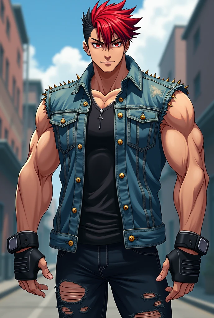 Anime-style still of a young, handsome, 20-year-old man with blonde hair and muscular build. He dons a leather vest adorned with spikes and studs, exposing his toned chest. His piercings – in his ears and eyebrows – add an edge to his rugged appearance. Slim-fit body pants hug his legs, while his rocker boots and chopper-style motorcycleComplete the look. (Masterpiece: 1.2, Best Quality, 4k, 8k, high resolution)
Anime depiction: A young man with radiant blonde hair, striking blue eyes, chiseled jaw, and muscular figure
