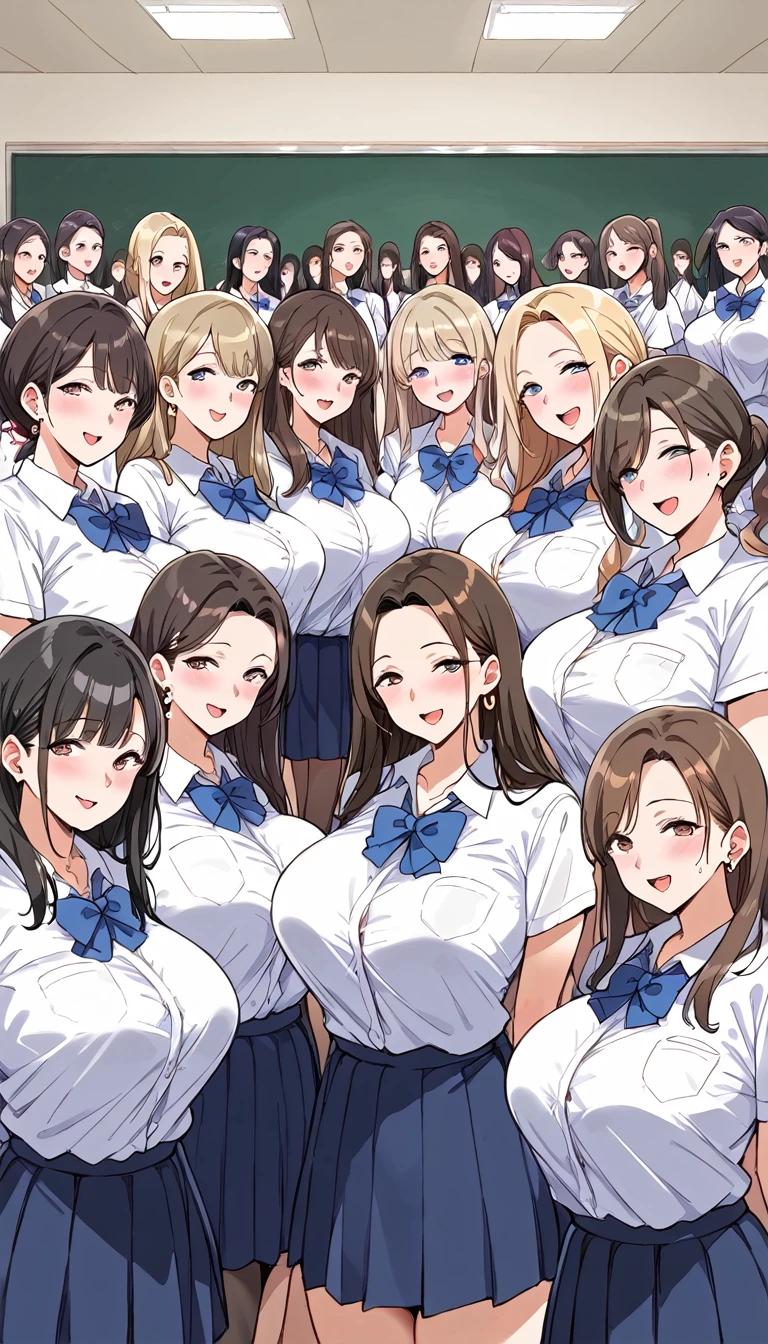 masterpiece, best quality, simple background, random hairstyle, large breasts, 6 girls, necktie,
