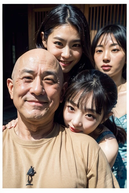 Old man and beautiful young woman, Old man hugging woman from behind, whole body