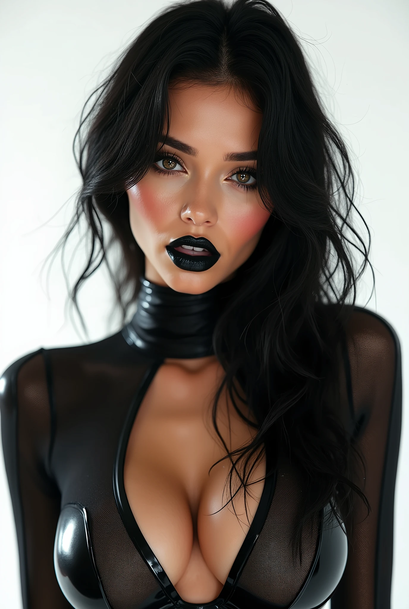 Young woman with realistic black painted lips and mahogany hair brown skin full body now naked black breasts dressed elegant black nails