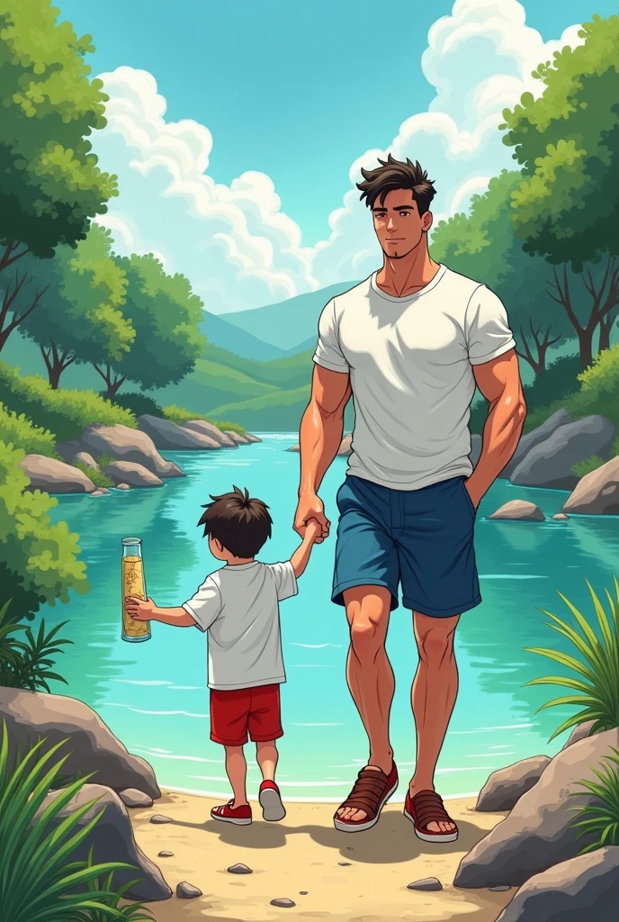 jon, a young guy in his 30s with asymmetric very short brown hair, green eyes with brown specs, a flat nose, smooth skin, slim athletic body, ((full body, walking down the beach, nude upper body, green swim trunks)), holding a drink
