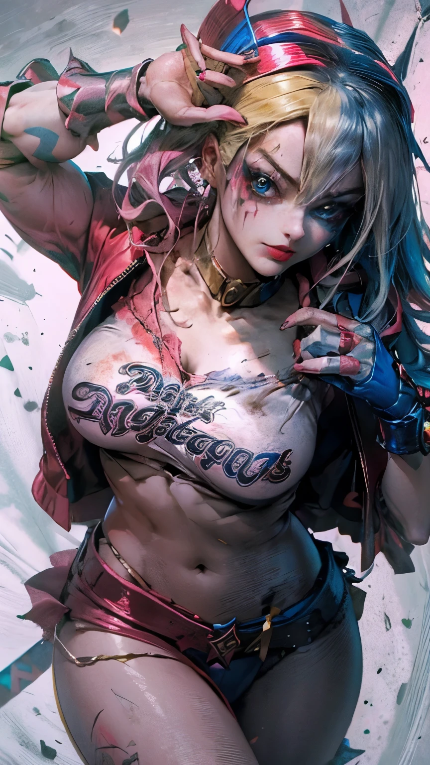 Dark magician Gils dressed as Harley Quinn. She has blonde and black hair. blue eyes. red lips. Dark magician girl is dressed as Harley Quinn. Sensual and innocent pose. Circus and magic background.