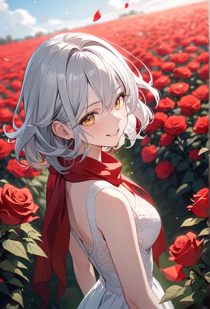 (Best quality, Masterpiece), (1girll, Solo, , Naked girl standing , view the viewer, White hair, Red eyes, Holding a rose, Closed mouth, Upper body),
