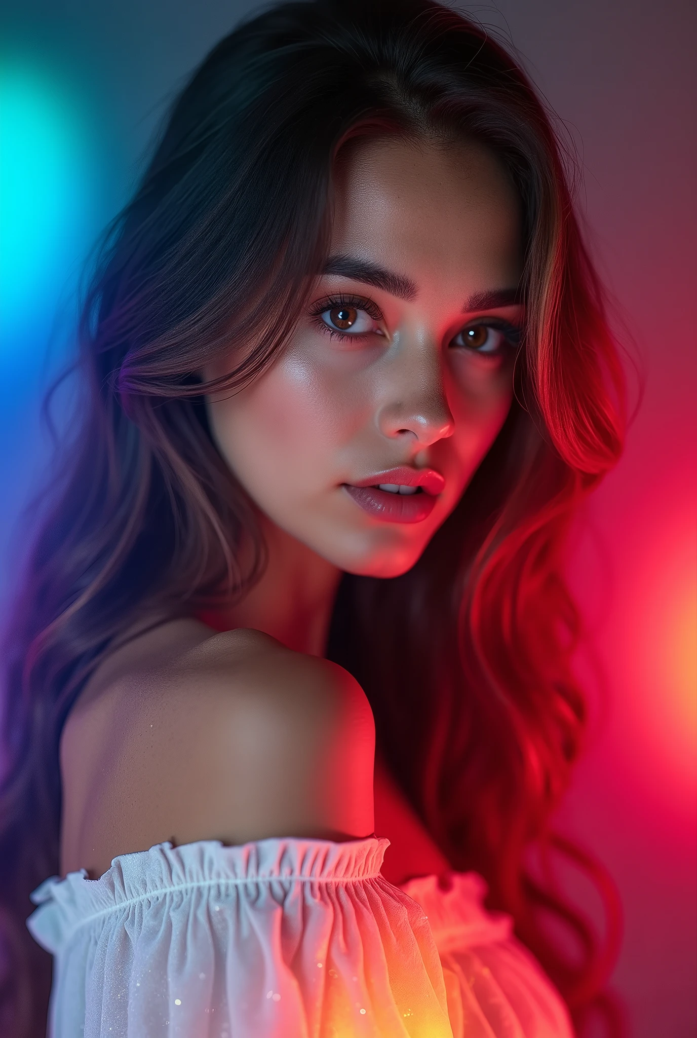 masterpiece, light makeup, messy long hair, super fine details, authentic texture, cinematic lighting realism, 16K, exquisite features, blue eyes, Beautiful Face, smooth skin, ((Dark background)), Back exposure, on all fours