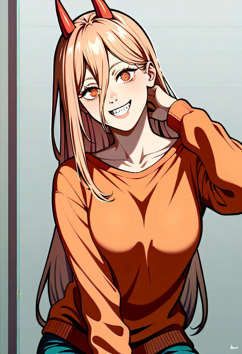 score_9, score_7_up, sweater, power \(chainsaw man\), orange sweater, looking at viewer, head tilt, smile