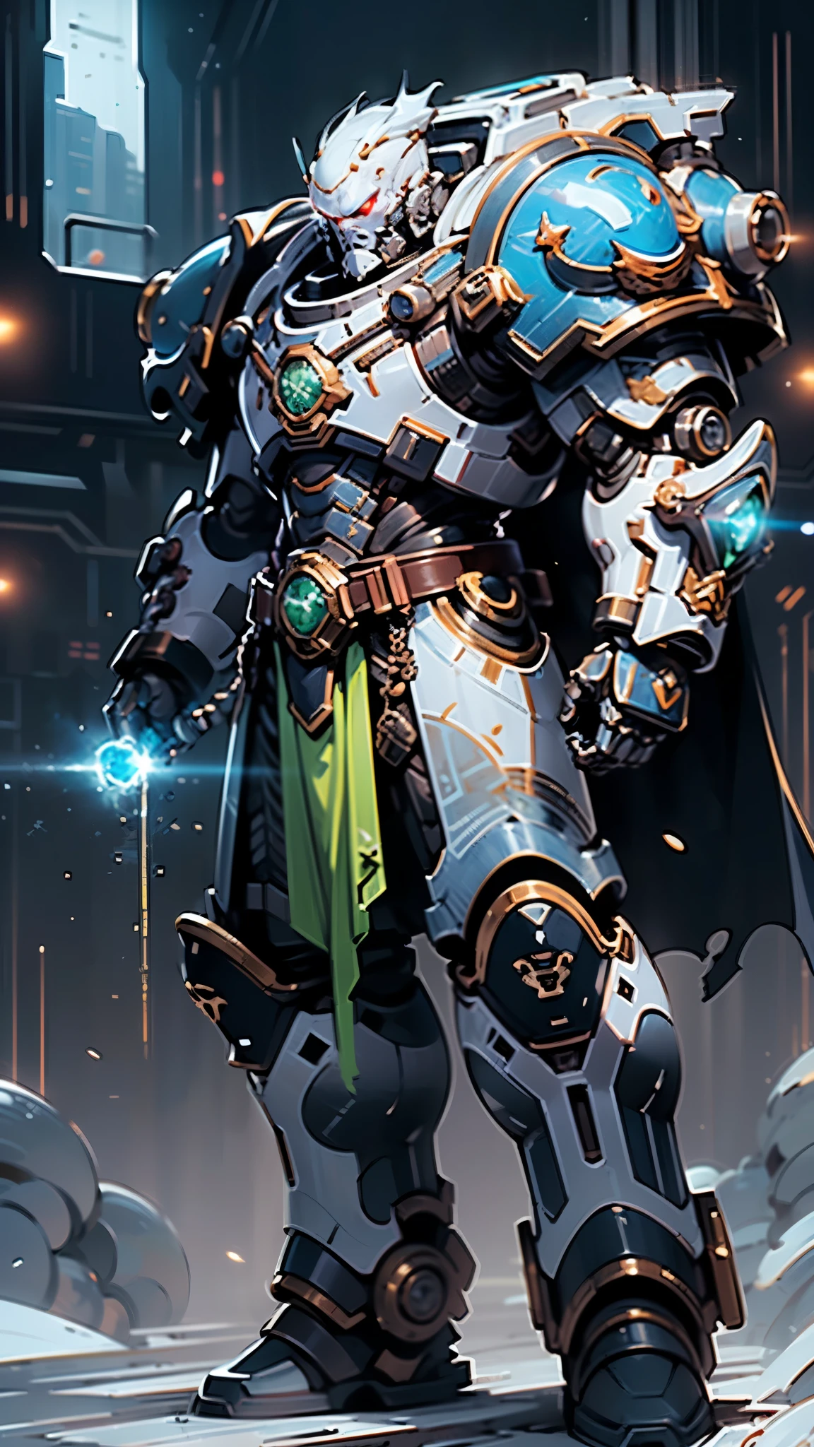 (masterpiece:1.5, best quality:1.5, extremely delicate:1.5), ((male:1.5)), a man wearing a full-face helmet, a biotech armored combat suit, green eyes, (a composite layered chest armor), fully enclosed shoulder guards, matching arm and leg guards, a belt of gemstone, (the color scheme is primarily Blue with White and Red accents), the design balances heavy with agility, a high-tech bio-mecha armor, (Armor Concept Inspired by Space Marines, stand of a futuristic sci-fi city), this character embodies a finely crafted Space Marines in anime style, exquisite and mature manga art style, (element, plasma, energy, the armor glows), metallic, high definition, highres, ultra-detailed, ultra-fine painting, professional, perfect body proportions, golden ratio, anatomically correct, symmetrical face, extremely detailed eyes and face, high quality eyes, creativity, RAW photo, UHD, 32k, Natural light, cinematic lighting, masterpiece-anatomy-perfect