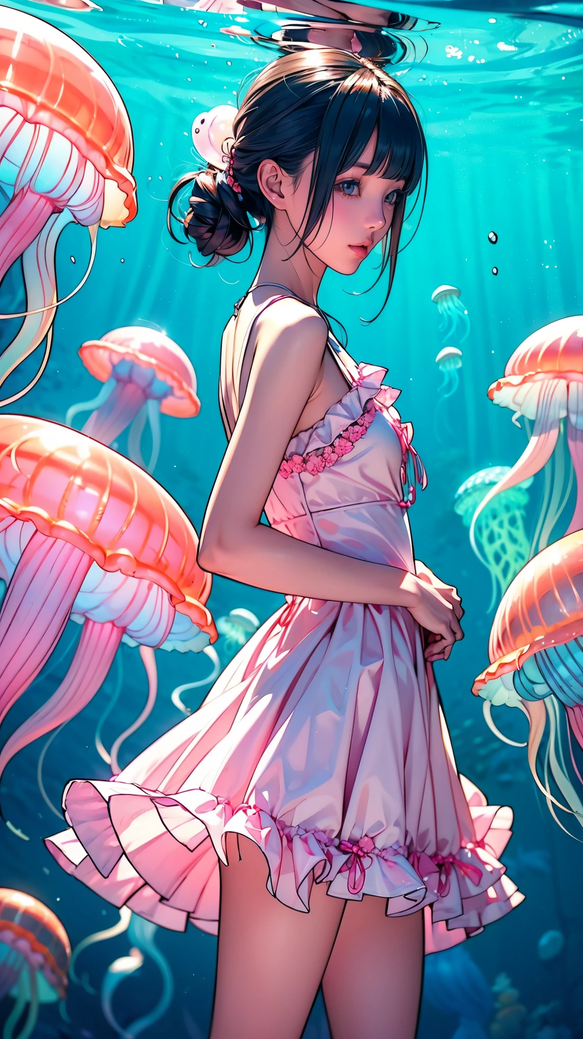 cute女の子、Yeah,Flat Chest,cute,(Jellyfish Girl:1.2), Place your arms behind your back,In the water,Ruffled Dress,