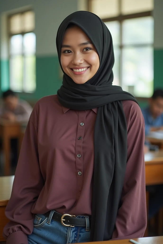 Malay girl in hijab wear baju kurung, pastel color, seating in university classroom, front view, detail skin, detail skin texture, mole below eyes, small breast, big hip, big waist, big thigh, slim abs, beautiful body, evening, laughing, happy, bright lighting, blur background, bokeh,