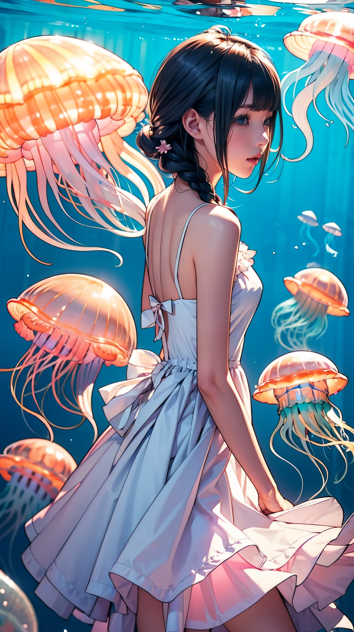 cute女の子、Yeah,Flat Chest,cute,(Jellyfish Girl:1.2), Place your arms behind your back,In the water,Ruffled Dress,