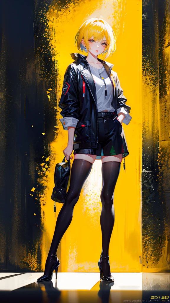 1 girl, short yellow hair, cyberpunk, Alice in Wonderland, black high heels, hand in pocket, best quality, 4k, 8k, highres, masterpiece:1.2, ultra-detailed, realistic, photorealistic, photo-realistic:1.37, HDR, UHD, studio lighting, ultra-fine painting, sharp focus, physically-based rendering, extreme detail description, professional, vivid colors, bokeh, concept art