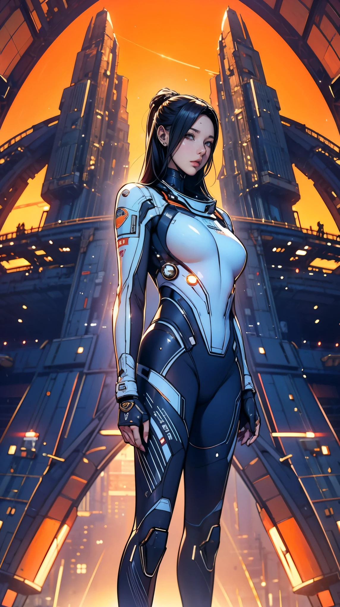 Arabic style image of a woman in a futuristic suit with a spaceship in the background, Cinematic art, In front of an orange background, Inspired by Robert McGinnis, Female protagonist, Megastructure in the background, AIAstronautの肖像, Astronaut, Astronaut, Astronautのスケルターの肖像画, Perfect android girl, frank franzzeta and sakimichan  