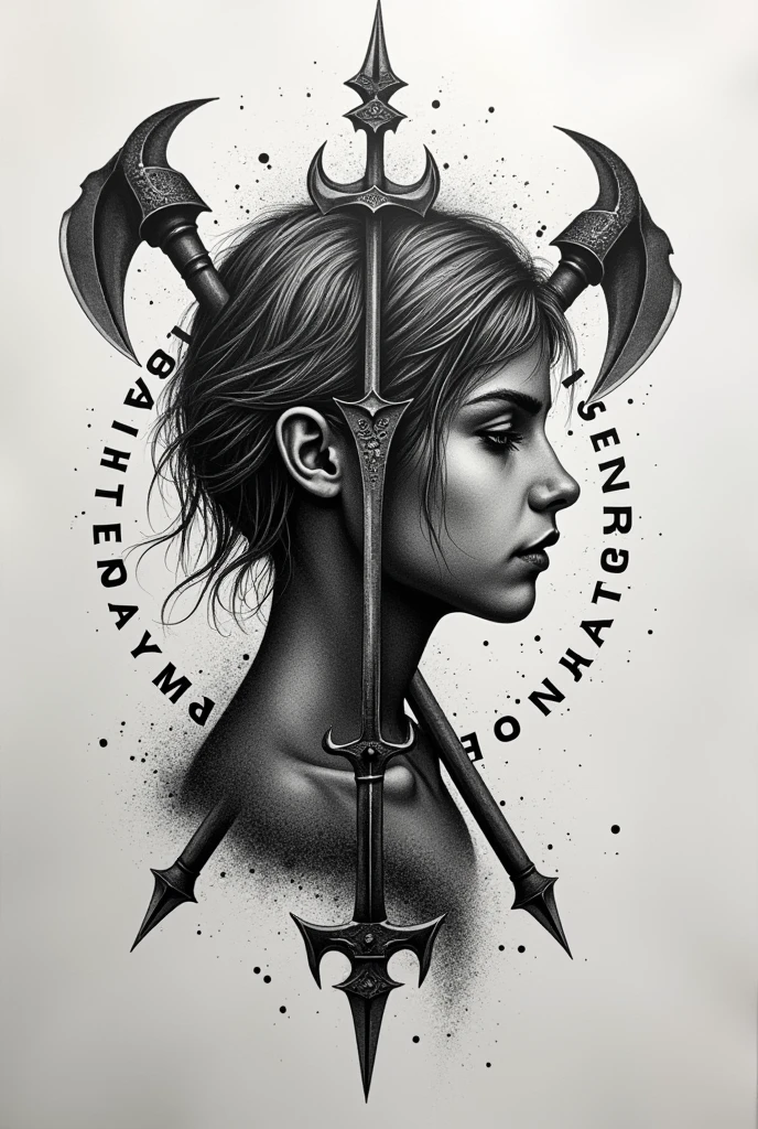 Black and white stippling tattoo of a profile with Viking runes and sharp axes. Tattoo of a baby girl baby baby baby baby chick born