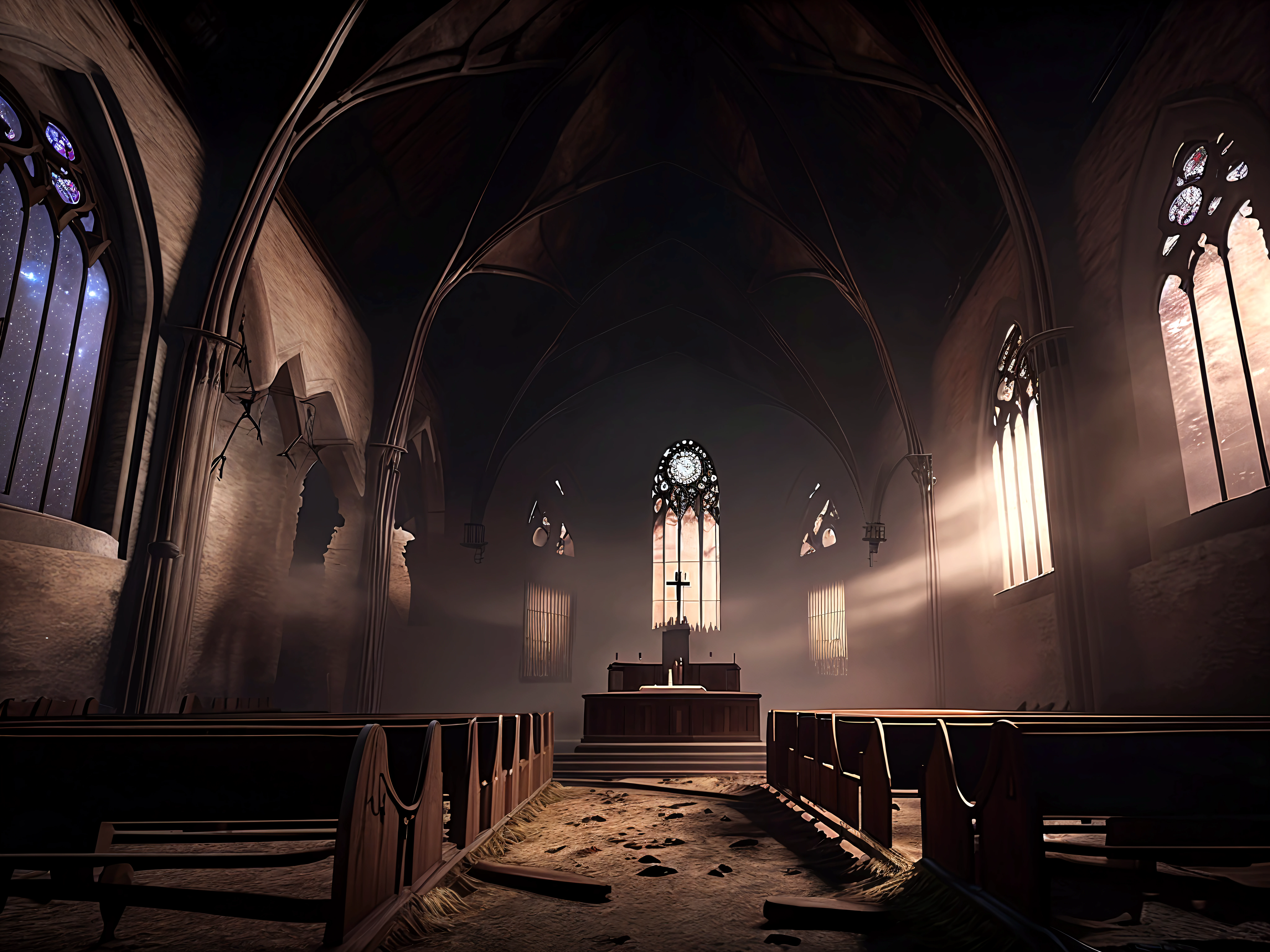 dystopianx style, little kid praying inside church