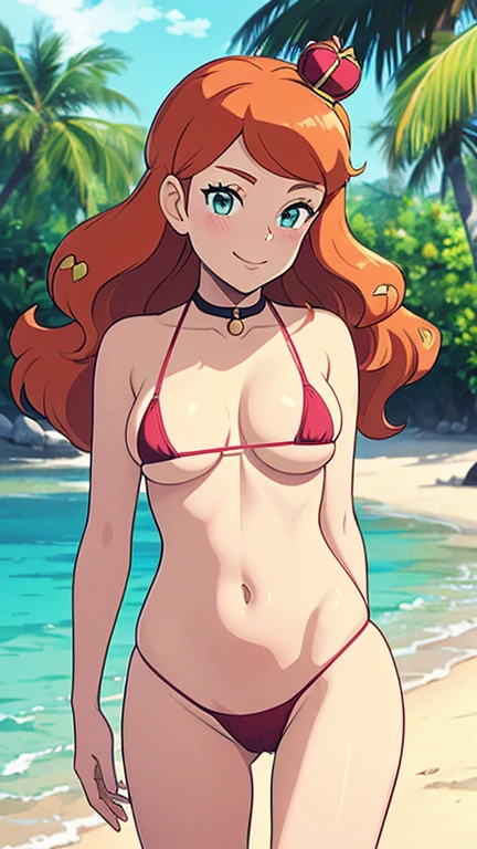 1girl in、hight resolution、​masterpiece、Alena \(DQ4\)、Hats、globe、Jewelry、earrings、A slender、Short stature、Orange hair、slingshot、Pink swimsuit、plein air、Large grasslands、Smiling smile