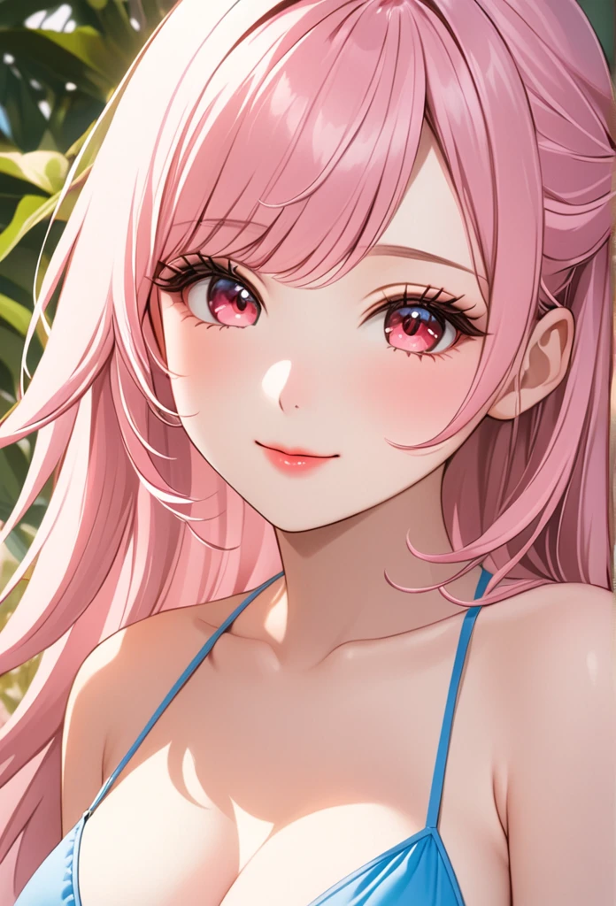 (Highest quality、masterpiece、Ultra-fine、Ultra-fine、delicate、delicate、16K、Full HD) 、((boost mood)),One girl, alone, One girl, One Girl、Pink long hair、red eyes、large breasts, wearing a blue color bikini 、sunny、smile、(full of energy)、Long eyelashes、White skin、slim、Pale pink lips、Pale pink cheeks、thin and long)、(thin and high nose、Small Nose)、