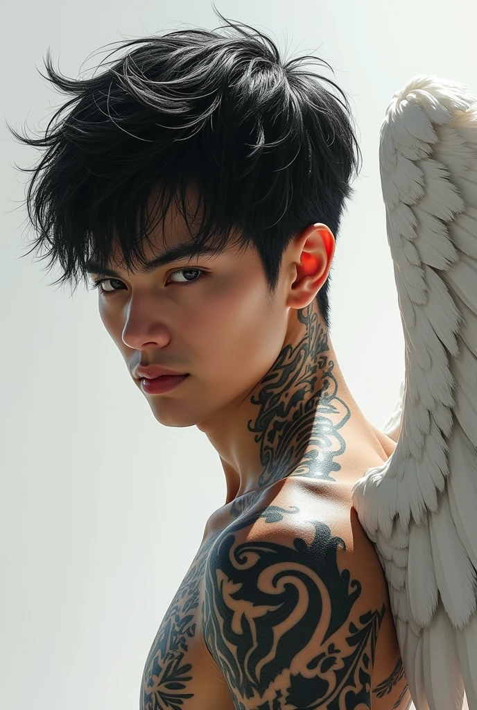 (photorealism:1.2) Jungkook shirtless, long black hair and folded grey wings. 