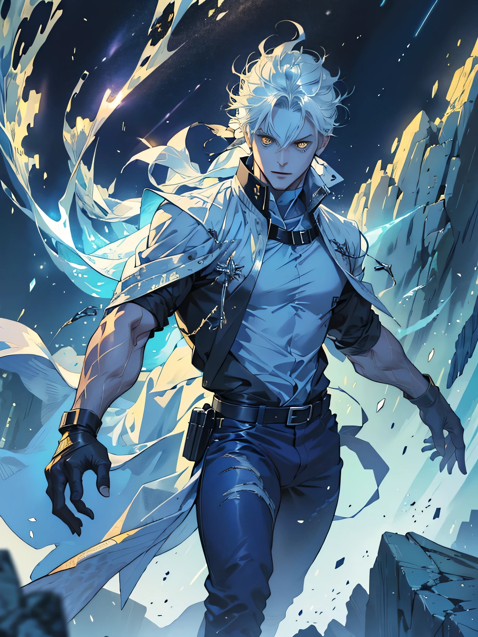Man 2, half white dragon with a slightly blue aura, and with some scales around the eyes, yellow eyes, cinematic, full body, emanating ice energy, White and spiky hair, yellow eyes, (((holding a small sickle))), Wearing a white button down shirt, wearing black pants, Wearing a brown belt, Wearing brown boots, wearing half finger tactical gloves, vestindo shoulder holster marrom.