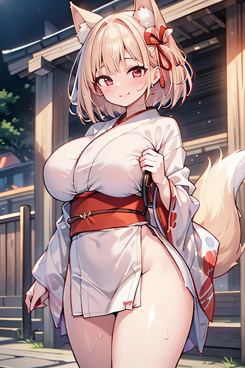 Anime illustration、High resolution、smile、Big-breasted, chubby, lewd gal wears a yukata and makes a sexual appeal at the festival on the approach to the shrine、Fox ears and tail、Perfect proportions、Cowboy Shot、Fatty thick legs、Sharp Eyes、Sweaty、Draw hands correctly