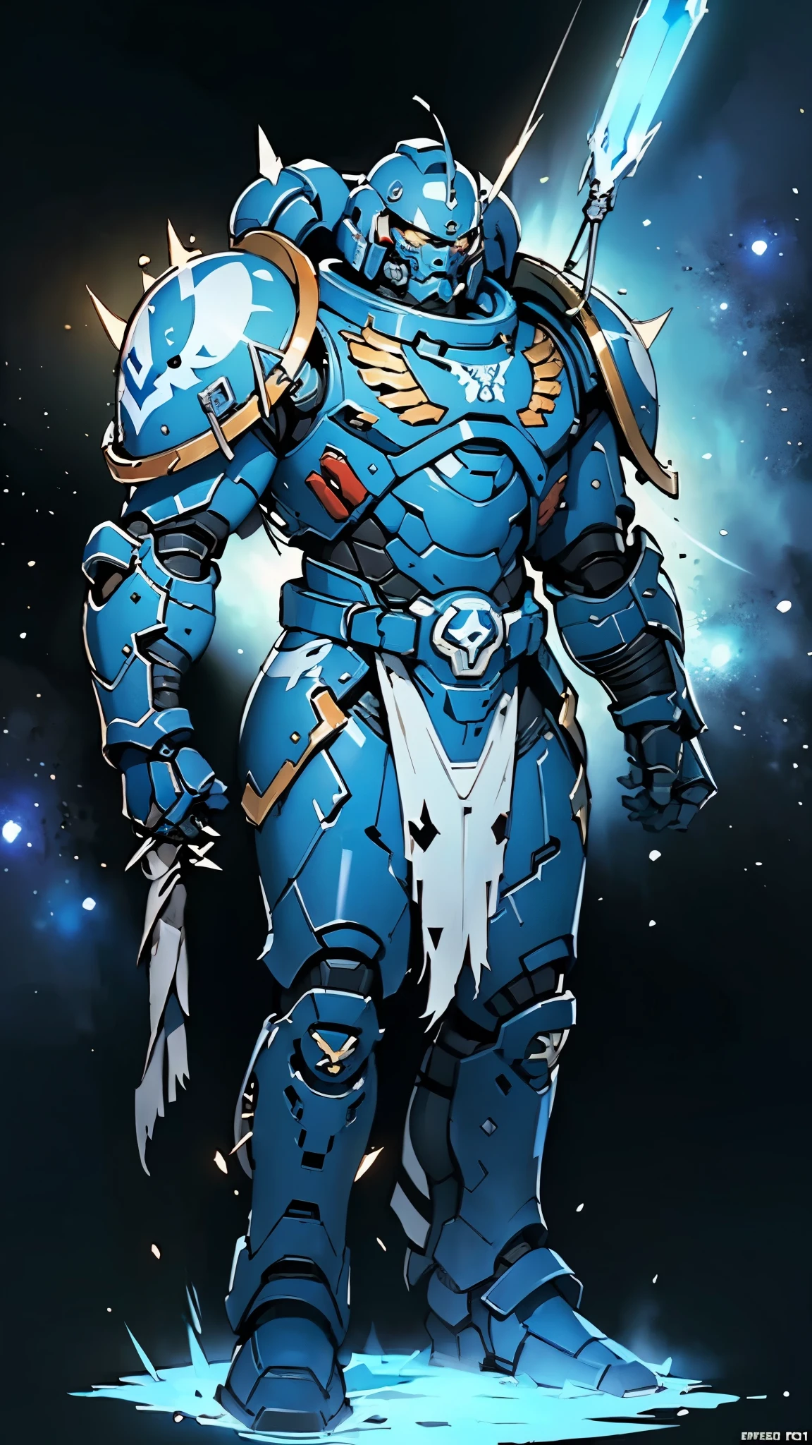 (masterpiece:1.5, best quality:1.5, extremely delicate:1.5), ((male:1.5)), a man wearing a full-face helmet, a biotech armored combat suit, green eyes, (a composite layered chest armor), fully enclosed shoulder guards, matching arm and leg guards, a belt of gemstone, (the color scheme is primarily Blue with White and Red accents), the design balances heavy with agility, a high-tech bio-mecha armor, (Armor Concept Inspired by Space Marines, stand of a futuristic sci-fi city), this character embodies a finely crafted Space Marines in anime style, exquisite and mature manga art style, (element, plasma, energy, the armor glows), metallic, high definition, highres, ultra-detailed, ultra-fine painting, professional, perfect body proportions, golden ratio, anatomically correct, symmetrical face, extremely detailed eyes and face, high quality eyes, creativity, RAW photo, UHD, 32k, Natural light, cinematic lighting, masterpiece-anatomy-perfect