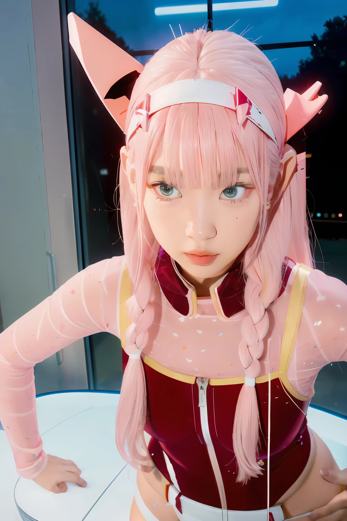 dynamic angle,ultra-detailed, illustration, straight on, 1girl, ((Zero two, interface headband with a pair of horns, red bodysuit:1.4, pink hair)), Her eyes shone like dreamy stars,(glowing eyes:1.233),(beautiful and detailed eyes:1.1),(expressionless, closed mouth),(standing), (mechanic room with tools and spaceship window in a white SPACESHIP), (night:1.2), dreamy, dynamic pose,