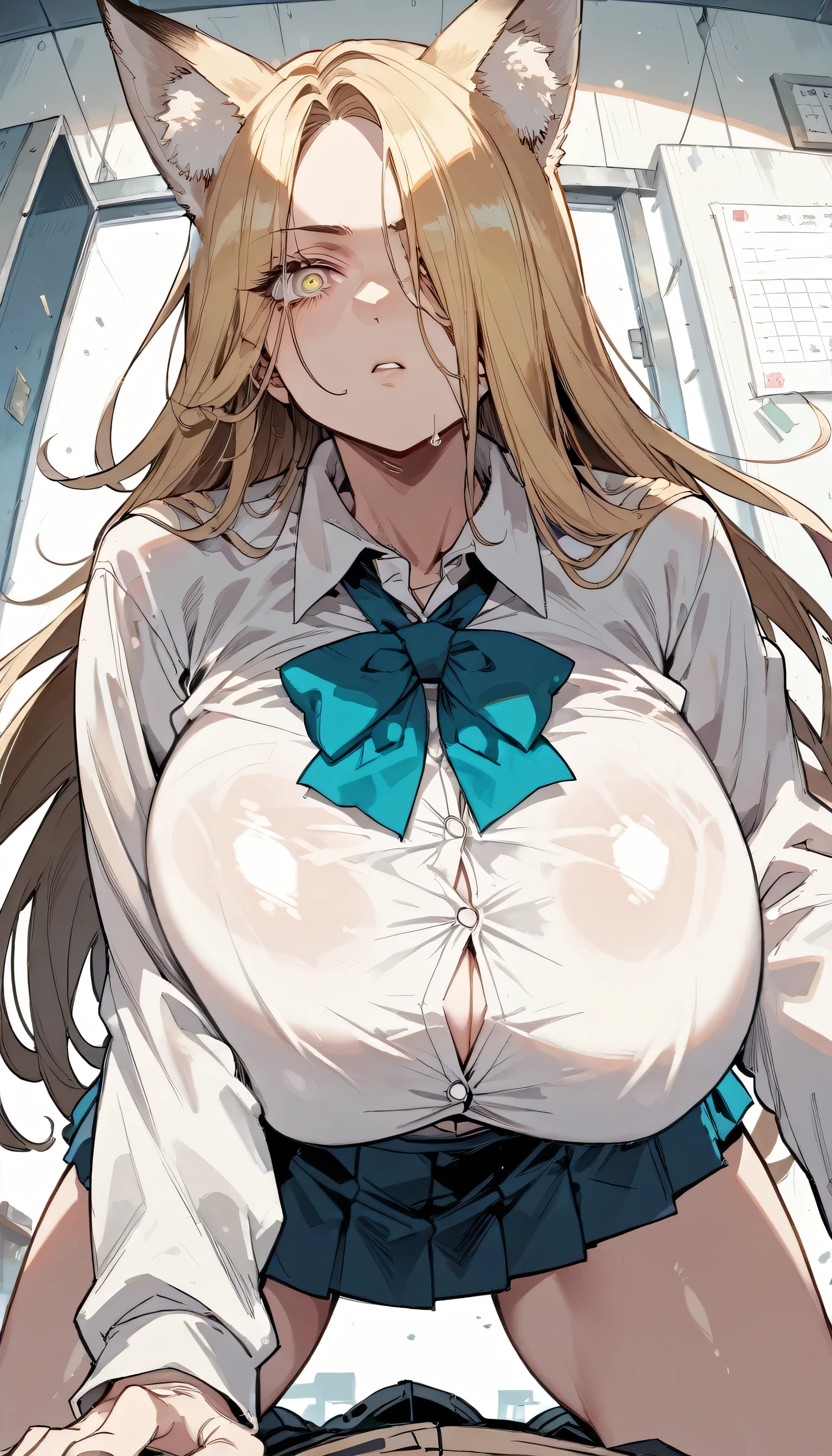 Cold Stare,(Fox Ears),(forehead,long hair over one eye),((side parted hair)),((huge breasts)),((Narrow eyes,Clear Eyes,Perfect Eyes)),Blonde,Long Hair,Old room,Magic School Uniform,Delinquent Girl,gal,mini skirt,oll fours, clothes are exposed,from front,from below,straddling pov