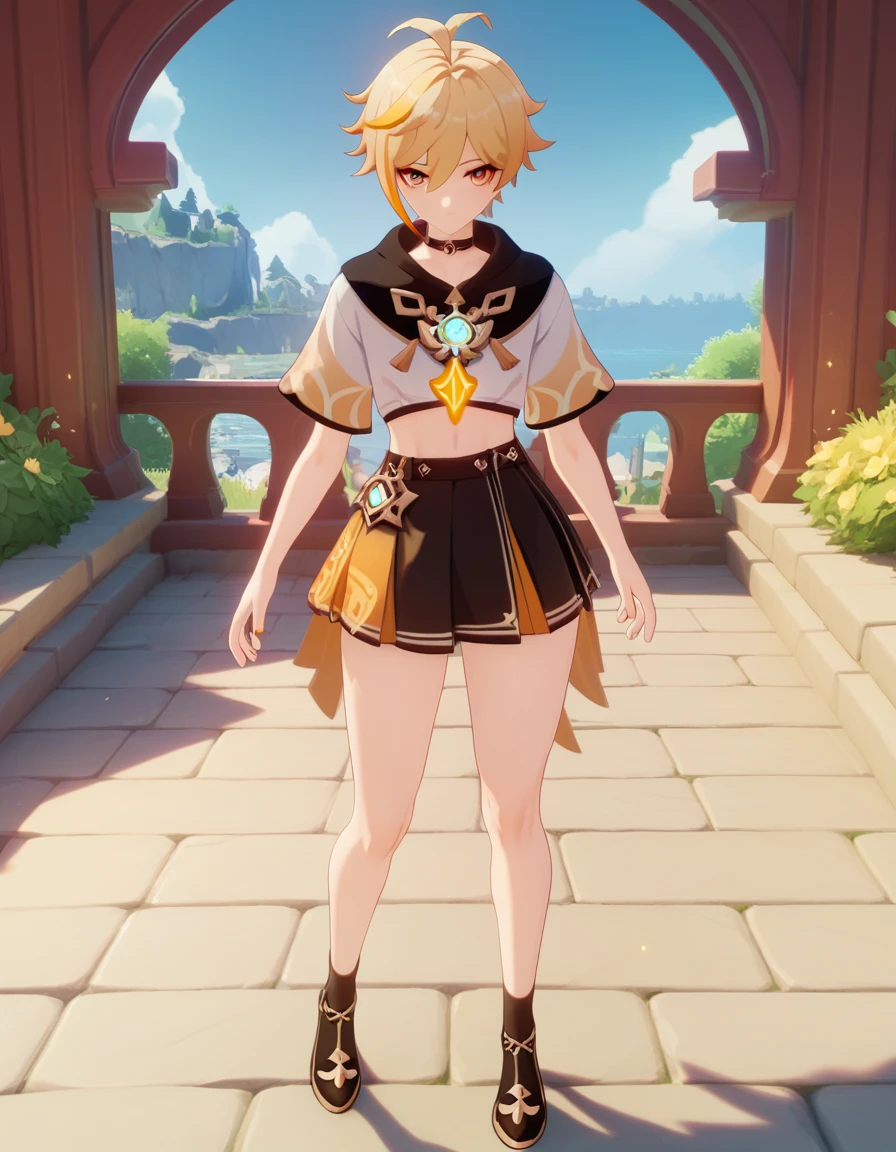 Human femboy, Blonde  haircut ,Orange  highlights ,big wide hips ,skirt  ,Genshin Impact Game Style ,   Full body  