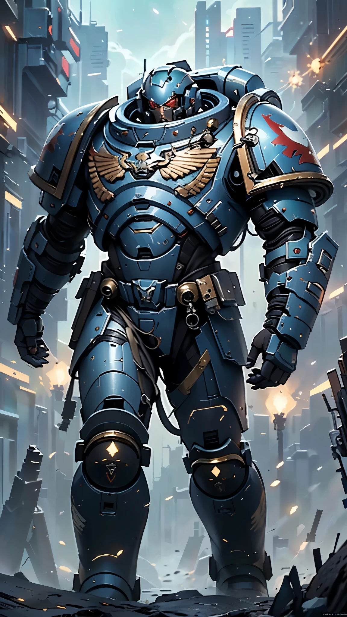 (masterpiece:1.5, best quality:1.5, extremely delicate:1.5), ((male:1.5)), a man wearing a full-face helmet, a biotech armored combat suit, green eyes, (a composite layered chest armor), fully enclosed shoulder guards, matching arm and leg guards, a belt of gemstone, (the color scheme is primarily Blue with White and Red accents), the design balances heavy with agility, a high-tech bio-mecha armor, (Armor Concept Inspired by Space Marines, stand of a futuristic sci-fi city), this character embodies a finely crafted Space Marines in anime style, exquisite and mature manga art style, (element, plasma, energy, the armor glows), metallic, high definition, highres, ultra-detailed, ultra-fine painting, professional, perfect body proportions, golden ratio, anatomically correct, symmetrical face, extremely detailed eyes and face, high quality eyes, creativity, RAW photo, UHD, 32k, Natural light, cinematic lighting, masterpiece-anatomy-perfect
