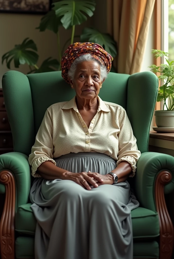 Very fat African elderly woman sitting on a chair barefoot.