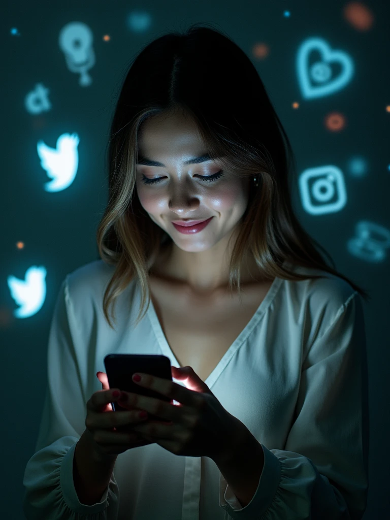 Create an image that shows a woman overwhelmed and upset by so many love messages that arrive on her cell phone and she doesn't want to receive them.