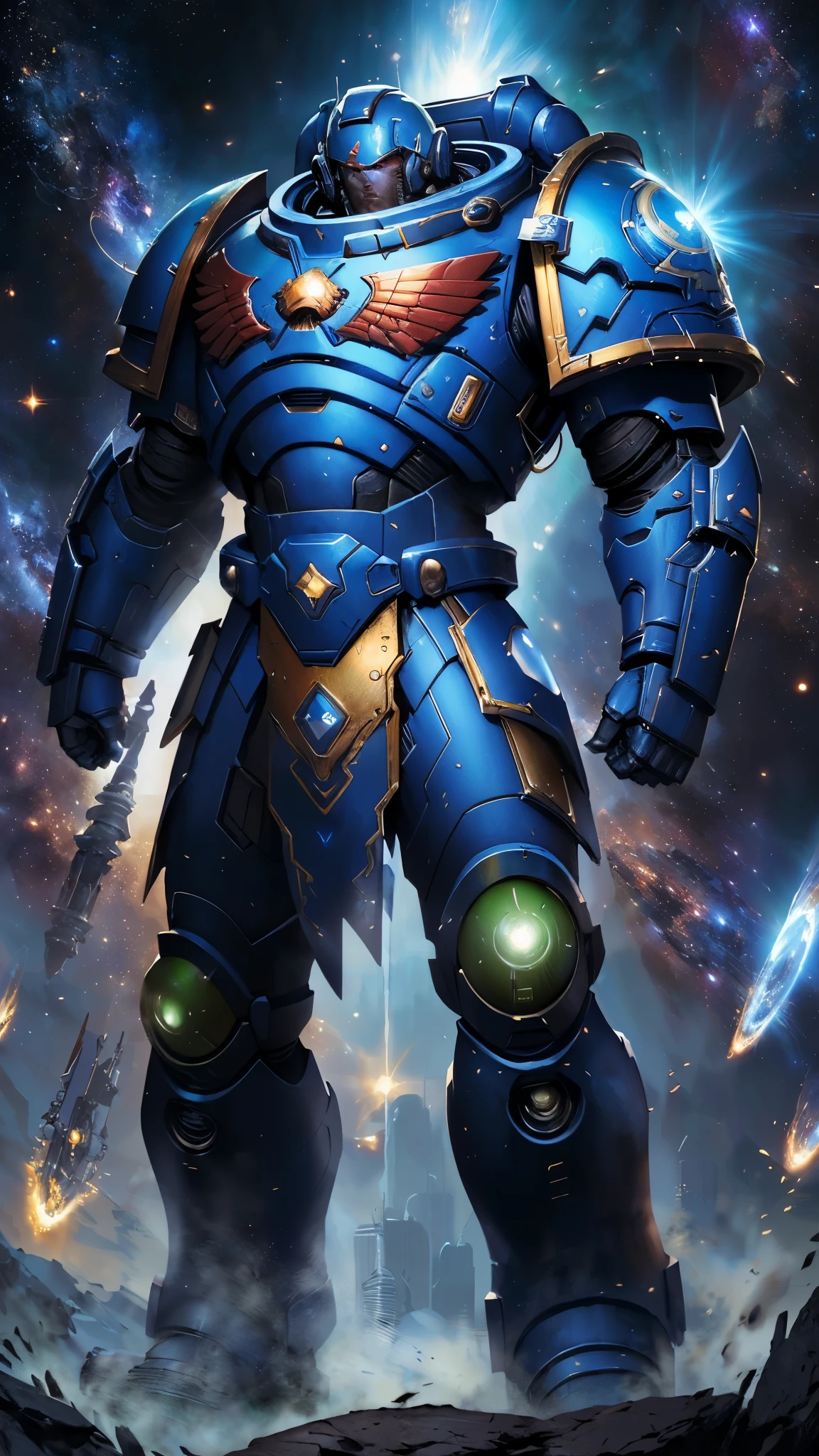 (masterpiece:1.5, best quality:1.5, extremely delicate:1.5), ((male:1.5)), a man wearing a full-face helmet, a biotech armored combat suit, green eyes, (a composite layered chest armor), fully enclosed shoulder guards, matching arm and leg guards, a belt of gemstone, (the color scheme is primarily Blue with White and Red accents), the design balances heavy with agility, a high-tech bio-mecha armor, (Armor Concept Inspired by Space Marines, stand of a futuristic sci-fi city), this character embodies a finely crafted Space Marines in anime style, exquisite and mature manga art style, (element, plasma, energy, the armor glows), metallic, high definition, highres, ultra-detailed, ultra-fine painting, professional, perfect body proportions, golden ratio, anatomically correct, symmetrical face, extremely detailed eyes and face, high quality eyes, creativity, RAW photo, UHD, 32k, Natural light, cinematic lighting, masterpiece-anatomy-perfect