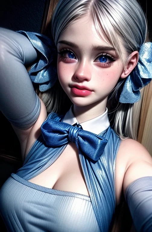 ((realistic)), cinematic shot,  photo referenced, highest quality, high quality, (detailed face and eyes:1.1), 1girl, long blue pigtails, blue tie, gray top, short black skirt, black boots, rosy cheeks, pink soft lips, holding microphone, grinning, blue eyes, blue tiara, big bow in the back, 