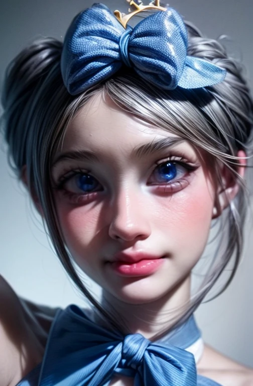 ((realistic)), cinematic shot,  photo referenced, highest quality, high quality, (detailed face and eyes:1.1), 1girl, long blue pigtails, blue tie, gray top, short black skirt, black boots, rosy cheeks, pink soft lips, holding microphone, grinning, blue eyes, blue tiara, big bow in the back, 