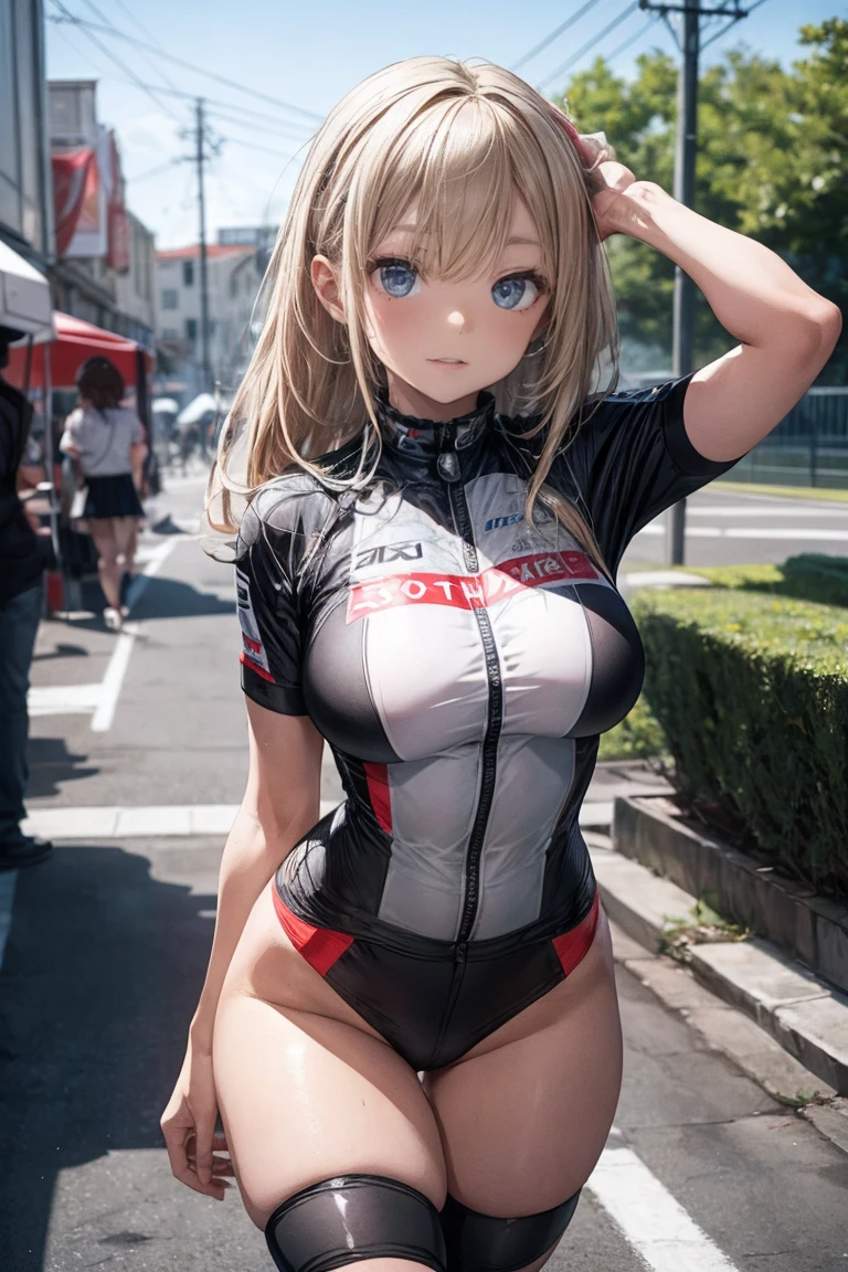 anime, best quality, high quality, highres, beautiful women, tanned gyaru, blonde hair, high detail, good lighting, lewd, hentai, (((shiny cycling outfit))), bare thighs, nice legs, (((wetting herself))), (((peeing herself))), (((peeing self))), pee streaming down legs, peeing stain, (puddle), (thick thighs), nice long legs, lipstick, detailed face, pretty face, seductive face, aroused, sexually excited, ((at a park)), ((full view of body))