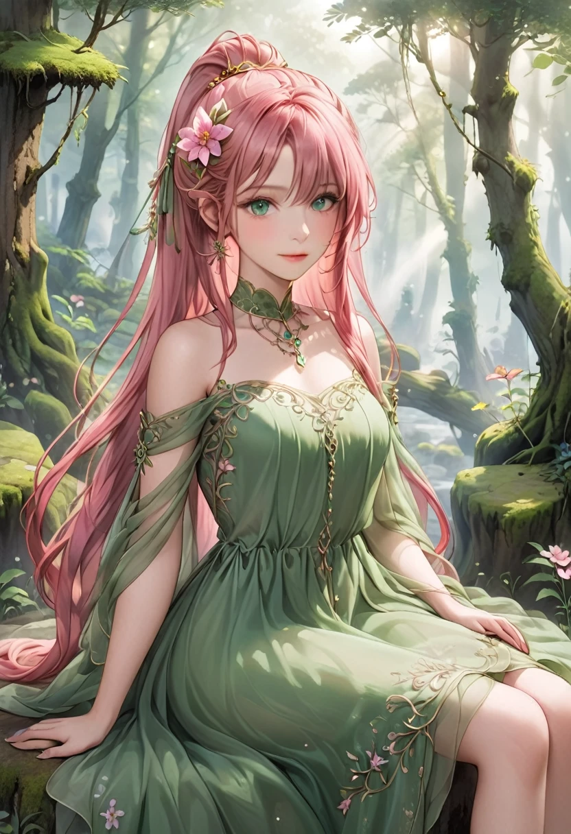 masterpiece, best quality, cowboy shot, A female, detailed facial features, high ponytail color with long tip hair, pink color hair, (hair over one eye), wearing A flowing, ethereal green dress made of lightweight fabrics, adorned with flowers and vines, small chest, glossy dark-blue eyes,looking at viewer, soft smile, Enchanted forest with dappled sunlight and mist background, Sitting gracefully on a moss-covered rock or tree stump, with one hand gently touching a nearby flower. Her body is slightly turned toward the camera, with a soft, dreamy expression, as if she's part of the forest itself.