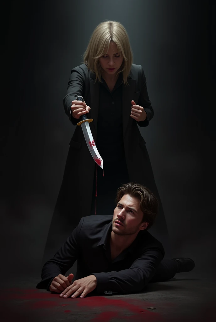 A 52-year-old woman, dressed in black spy-like attire, is holding a knife with a determined and intense expression.
• She stands close to a young man who is dressed in formal clothing.
• The scene will have a dark, suspenseful atmosphere, with shadows and dramatic lighting emphasizing the tension.
• The focus will be on their expressions and body language, suggesting a high-stakes moment.
She put that knife in young men's chest then men's chest was bleeding