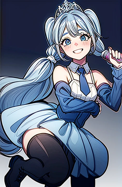 e pigtails, blue tie, gray top, short black skirt, black boots, rosy cheeks, pink soft lips, holding microphone, grinning, blue eyes, blue tiara, big bow in the back,